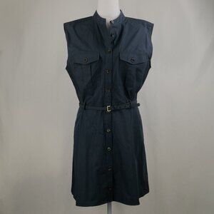 Frame Cap Sleeve Cotton Safari Mini Dress, Navy Blue